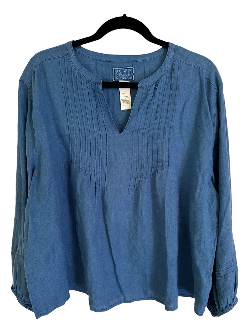 Sigrid Olsen Blue Pintuck 100% Linen Women's Top